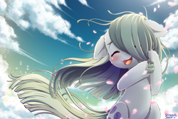 Size: 1800x1200 | Tagged: safe, artist:symbianl, imported from derpibooru, marble pie, earth pony, pony, blushing, cloud, cute, eyes closed, female, floppy ears, hair over one eye, marblebetes, mare, open mouth, open smile, outdoors, petals, signature, sitting, sky, smiling, solo, tail, windswept mane