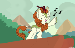 Size: 2550x1650 | Tagged: safe, artist:toonboy92484, imported from derpibooru, autumn blaze, kirin, awwtumn blaze, cloud, cute, eyes closed, female, horn, kirinbetes, mountain, music notes, open mouth, open smile, outdoors, raised hoof, signature, singing, sky, smiling, solo, tail