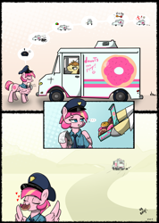 Size: 3255x4566 | Tagged: safe, artist:n-o-n, imported from derpibooru, donut joe, oc, oc:sweet serving, pegasus, pony, unicorn, blue eyes, clothes, comic, corrupted, donut, female, food, freckles, happy, hat, heart, horn, mouth hold, necktie, pink pony, police, police officer, police pony, police uniform, simple background, smiling, truck, uniform