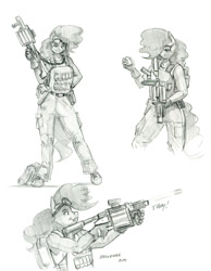 Size: 1050x1350 | Tagged: safe, artist:baron engel, imported from derpibooru, pinkie pie, anthro, earth pony, unguligrade anthro, female, grenade launcher, mare, monochrome, pencil drawing, traditional art, weapon
