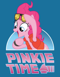 Size: 600x760 | Tagged: safe, artist:xkappax, imported from derpibooru, pinkie pie, earth pony, pony, back to the future, clothes, cupcake, food, hoofband, open mouth, open smile, pinkie mcpie, smiling, solo, sunglasses, sunglasses on head, text, vest