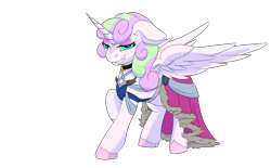 Size: 1810x1122 | Tagged: safe, artist:soundwavedragon, imported from derpibooru, oc, oc only, oc:fizzy sprinkles, alicorn, pony, clothes, collar, curly hair, curly mane, digital art, dress, ear fluff, evil, evil grin, eyelashes, eyeshadow, femboy, feminine stallion, floppy ears, gala dress, girly, grin, horn, large wings, lidded eyes, long hair, long hair male, long horn, long mane, looking at you, makeup, male, mercenary insignia, mlptwtgala, png, raised hoof, shorn fetlocks, simple background, smiling, solo, stallion, transparent background, wings