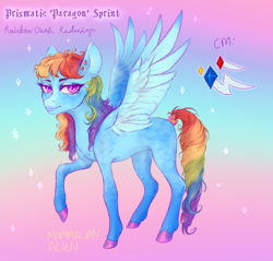Size: 3324x3184 | Tagged: safe, artist:mammalian_alien, imported from derpibooru, rainbow dash, pegasus, pony, alternate design, alternate hairstyle, coat markings, colored wings, concave belly, eyelashes, eyeshadow, facial markings, female, glitter, gradient background, human lips, makeup, mare, multicolored hair, multicolored mane, multicolored tail, raised hoof, redesign, reference sheet, ringlets, solo, sparkles, sparkly hooves, spread wings, tail, two toned wings, wings