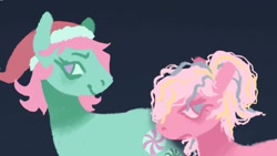 Size: 1200x676 | Tagged: safe, artist:venus_ai_, imported from derpibooru, minty, pinkie pie (g3), earth pony, pony, blue background, christmas, close-up, cyan coat, g3, hat, holiday, infected, infection, infection au, mlp infection, pink coat, pink mane, santa hat, simple background, smiling, smirk, two toned mane, worried