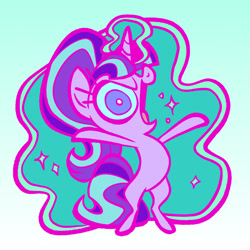 Size: 2048x2048 | Tagged: safe, artist:janegumball, imported from derpibooru, part of a set, starlight glimmer, pony, unicorn, big eyes, big head, bipedal, blue sclera, chibi, colored pupils, colored sclera, enamel pin, evil starlight, eyelashes, female, glowing, glowing horn, gradient background, high res, horn, magic, mare, open mouth, open smile, pin design, pink coat, ponytail, profile, purple eyes, s5 starlight, smiling, solo, sparkles, standing, tail, tied mane, tongue out, two toned mane, two toned tail, wide eyes