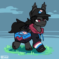 Size: 1200x1200 | Tagged: safe, artist:cuiicie, imported from derpibooru, oc, oc only, bat pony, cap, clothes, delivery pony, hat, hoodie, male, solo, unshorn fetlocks, walking