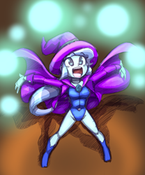 Size: 2450x2940 | Tagged: safe, artist:shadowhawx, imported from derpibooru, trixie, human, equestria girls, blue leotard, boots, breasts, busty trixie, clothes, female, high res, leotard, looking up, magic, magic show, open mouth, open smile, shoes, smiling, solo, spread arms
