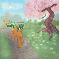 Size: 3000x3000 | Tagged: safe, artist:iridescentclaws, imported from derpibooru, oc, oc only, oc:novel tale, earth pony, pony, cherry blossoms, day, digital art, flower, flower blossom, grass, grass field, grin, happy, male, minecraft, mountain, mountain range, orange coat, smiling, solo, stallion, trotting, walking