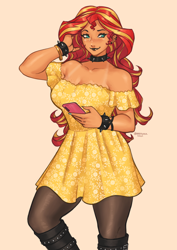 Size: 1754x2480 | Tagged: safe, artist:nire, imported from derpibooru, sunset shimmer, equestria girls, bare shoulders, blushing, boots, bracelet, breasts, choker, cleavage, clothes, dress, ear piercing, earring, eyeshadow, freckles, jewelry, makeup, nail polish, phone, piercing, shoes, smiling, socks, spiked choker, spiked wristband, stockings, sundress, tan lines, tanned, thigh highs, wristband