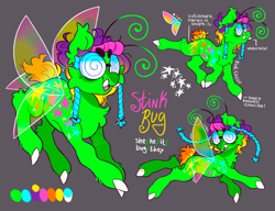Size: 2048x1574 | Tagged: safe, artist:cocopudu, imported from derpibooru, oc, oc only, oc:stink bug, bug pony, insect, pony, beanbrows, eyebrows, flying, glasses, gray background, insect wings, name, reference sheet, round glasses, simple background, solo, swirly glasses, tusk, wings