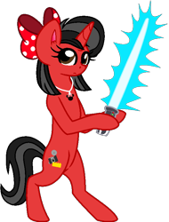 Size: 590x776 | Tagged: safe, artist:mickey1909, imported from derpibooru, oc, oc:minnie motion, unicorn, bipedal, bow, female, hair bow, horn, lightsaber, simple background, solo, star wars, transparent background, weapon