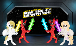 Size: 2233x1370 | Tagged: safe, artist:mickey1909, imported from derpibooru, oc, oc only, oc:honey bun, oc:mickey motion, oc:minnie motion, oc:mythical valiant, bipedal, lightsaber, may the fourth be with you, star wars, weapon