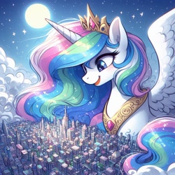 Size: 1024x1024 | Tagged: safe, imported from derpibooru, princess celestia, alicorn, pony, ai content, ai generated, background, blue eyes, bust, city, cityscape, close-up, female, generator:bing image creator, generator:dall-e 3, giantess, kitchen eyes, looking down, macro, night, open mouth, open smile, portrait, prompt in description, sketch, smiling, solo, solo female, sparkling, wrong eye color
