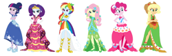 Size: 1904x624 | Tagged: safe, artist:machakar52, artist:selenaede, imported from derpibooru, applejack, fluttershy, pinkie pie, rainbow dash, rarity, twilight sparkle, alicorn, human, equestria girls, applejack also dresses in style, applejack's first gala dress, base used, blue dress, boots, bracelet, clothes, cowboy hat, crossed arms, crown, dress, flower, flower in hair, fluttershy also dresses in style, fluttershy's first gala dress, gala dress, glass slipper (footwear), green dress, hair bun, hairpin, hand on hip, hat, high heel boots, high heels, jewelry, looking at you, mane six, necklace, pink dress, pinkie pie also dresses in style, pinkie pie's first gala dress, ponytail, rainbow dash always dresses in style, rainbow dash's first gala dress, rainbow dress, rarity always dresses in style, rarity's first gala dress, regalia, shoes, simple background, smiling, smiling at you, starry dress, stars, top hat, twilight sparkle (alicorn), twilight sparkle always dresses in style, twilight sparkle's first gala dress, white background