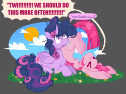Size: 2128x1596 | Tagged: safe, artist:koidial, imported from derpibooru, pinkie pie, twilight sparkle, alicorn, earth pony, pony, ><, alternate hairstyle, animated, chest fluff, cloud, curly mane, curly tail, dialogue, duo, duo female, ear fluff, emanata, eyes closed, female, flesh fang, flower, folded wings, gif, grass, hairstyle swap, horn, lesbian, lying down, mare, prone, shipping, sky, speech bubble, sun, tail, twilight poofle, twilight sparkle (alicorn), twinkie, wings
