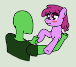 Size: 827x733 | Tagged: safe, artist:cutehorseprions, imported from derpibooru, berry punch, berryshine, oc, oc:anon, earth pony, human, pony, blushing, female, green background, holding hoof, lidded eyes, mare, simple background
