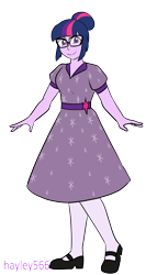 Size: 1804x3160 | Tagged: safe, artist:hayley566, imported from derpibooru, sci-twi, twilight sparkle, equestria girls, 1950s, alternate hairstyle, clothes, dress, female, flats, glasses, shoes, simple background, socks, solo, stockings, thigh highs, transparent background