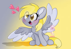 Size: 2314x1592 | Tagged: safe, artist:sparkiethewolf, imported from derpibooru, derpy hooves, pegasus, pony, blushing, colored wings, cute, derpabetes, eye clipping through hair, female, floating heart, gradient background, gray background, heart, mare, open mouth, open smile, shadow, simple background, sitting, smiling, solo, spread wings, two toned background, two toned wings, watermark, wings, yellow background