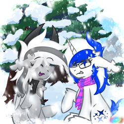 Size: 2048x2048 | Tagged: safe, artist:linkle, imported from derpibooru, oc, oc only, oc:astro lazuli, oc:silver edge, clothes, duo, glasses, scarf, snow, snowfall, striped scarf, tree, winter