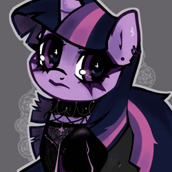 Size: 1500x1500 | Tagged: safe, artist:rebbex, imported from derpibooru, twilight sparkle, pony, unicorn, ear piercing, earring, female, goth, horn, jewelry, makeup, piercing, simple background, solo, unicorn twilight