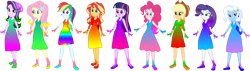 Size: 3923x1121 | Tagged: safe, artist:invisibleink, artist:tylerajohnson352, imported from derpibooru, applejack, fluttershy, pinkie pie, rainbow dash, rarity, sci-twi, starlight glimmer, sunset shimmer, trixie, twilight sparkle, human, equestria girls, bare shoulders, beanie, beautiful, bracelet, clothes, colorful, cowboy hat, dress, female, flats, glitter, hairpin, hat, humane five, humane seven, humane six, jewelry, shoes, simple background, sleeveless, sparkles, sparkly dress, sparkly hair, transparent background