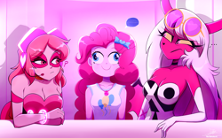 Size: 3104x1934 | Tagged: safe, artist:the-butch-x, imported from derpibooru, pinkie pie, demon, human, succubus, equestria girls, bare shoulders, blue screen of death, clothes, crossover, derp, drool, evening gloves, faic, female, gloves, hellaverse, hellborn, helluva boss, long gloves, miss heed, pink, sleeveless, spring broken, strapless, sunglasses, sunglasses on head, tanktop, trio, trio female, verosika mayday, villainous