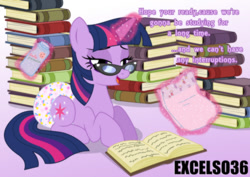 Size: 935x661 | Tagged: safe, artist:excelso36, imported from ponybooru, twilight sparkle, pony, unicorn, bedroom eyes, diaper, diaper butt, diaper fetish, female, fetish, glowing, glowing horn, gradient background, horn, levitation, magic, mare, non-baby in diaper, poofy diaper, solo, tail, talking to viewer, telekinesis