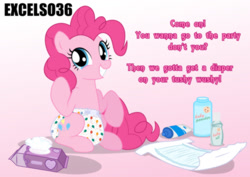 Size: 935x661 | Tagged: safe, artist:excelso36, imported from ponybooru, pinkie pie, pony, diaper, diaper butt, diaper fetish, female, fetish, gradient background, mare, non-baby in diaper, poofy diaper, solo, tail, talking to viewer