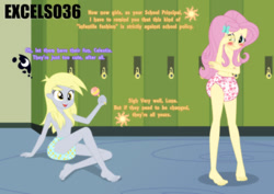Size: 935x661 | Tagged: safe, artist:excelso36, imported from ponybooru, derpy hooves, fluttershy, human, barefoot, blushing, canterlot high, diaper, diaper fetish, diapered, embarrassed, feet, fetish, happy, implied princess celestia, implied princess luna, lockers, non-baby in diaper, nudity, partial nudity, rattle