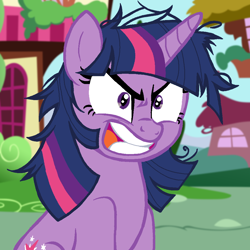 Size: 1024x1024 | Tagged: safe, artist:enterusxrname, twilight sparkle, angry, messy mane, outdoors, ponyville, show accurate, solo