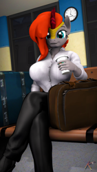 Size: 2160x3840 | Tagged: safe, artist:korizen, imported from derpibooru, oc, oc:maple melody, anthro, kirin, 3d, big breasts, breasts, businessmare, clock, coffee, crossed legs, kirin oc, looking at you, luggage, smiling, solo, source filmmaker, suitcase, train station