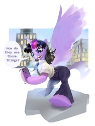 Size: 930x1228 | Tagged: safe, artist:vondsketch, imported from derpibooru, twilight sparkle, alicorn, pony, bipedal, cellphone, city, clothes, female, frustrated, mare, necktie, pants, phone, shirt, smartphone, solo, spread wings, twilight sparkle (alicorn), wings