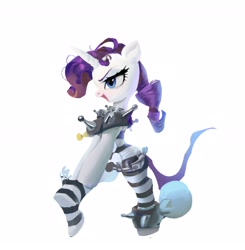 Size: 2454x2508 | Tagged: safe, artist:vondsketch, imported from derpibooru, rarity, pony, unicorn, ball and chain, clothes, female, horn, mare, prison outfit, simple background, solo, white background