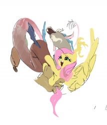 Size: 1422x1665 | Tagged: safe, artist:vondsketch, imported from derpibooru, discord, fluttershy, draconequus, pegasus, pony, discoshy, duo, duo male and female, facial hair, fangs, female, flying, goatee, heart, heart eyes, hug, male, mare, shipping, simple background, spread wings, straight, white background, wingding eyes, wings