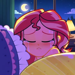 Size: 1024x1024 | Tagged: safe, imported from derpibooru, sunset shimmer, equestria girls, ai content, ai generated, bedroom, crying, desk lamp, female, first person view, moon, night, offscreen character, pov, solo, tearjerker, window