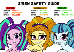 Size: 6264x4458 | Tagged: safe, artist:tjpones, imported from derpibooru, adagio dazzle, aria blaze, sonata dusk, hybrid, pony, siren, absurd resolution, equestria girls ponified, female, grin, implied biting, lidded eyes, looking at you, mare, ponified, sharp teeth, simple background, smiling, smiling at you, teeth, text, the dazzlings, trio, trio female, white background