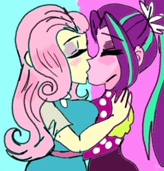 Size: 700x733 | Tagged: safe, artist:vanillawaffer3000, imported from derpibooru, aria blaze, fluttershy, human, equestria girls, ariashy, blushing, duo, duo female, eyes closed, eyeshadow, female, holding each other, kiss on the lips, kissing, lesbian, makeup, requested art, shipping