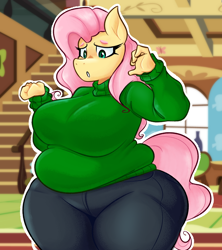Size: 1800x2030 | Tagged: safe, artist:disco chaos, imported from derpibooru, fluttershy, anthro, pegasus, bbw, big breasts, breasts, busty fluttershy, clothes, curvy, denim, fat, fattershy, female, huge breasts, jeans, outline, pants, solo, sweater, sweatershy, white outline, wide hips