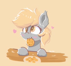 Size: 721x665 | Tagged: safe, artist:skylinepony_, imported from derpibooru, derpy hooves, pegasus, pony, cookie, eating, female, food, heart, orange background, simple background, solo