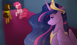 Size: 1760x1030 | Tagged: safe, artist:violetpony11, imported from derpibooru, cheese sandwich, pinkie pie, twilight sparkle, alicorn, earth pony, pony, the last problem, butt, cheesepie, crown, ethereal mane, eyes closed, female, implied lesbian, implied shipping, implied twinkie, indoors, jewelry, male, mare, older, older twilight, older twilight sparkle (alicorn), open mouth, open smile, peytral, plot, princess twilight 2.0, regalia, shipping, smiling, stallion, starry mane, straight, teary eyes, trio, twilight sparkle (alicorn), unrequited