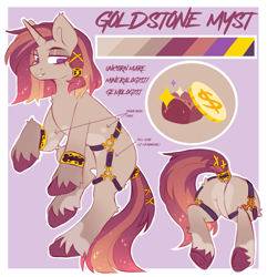 Size: 2607x2700 | Tagged: safe, artist:cheekipone, imported from derpibooru, oc, oc only, oc:goldstone myst, pony, unicorn, bracelet, butt, female, gold, gold coins, harness, horn, jewelry, mare, reference sheet, rock, solo, solo female, tack