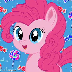 Size: 1980x1986 | Tagged: safe, artist:codenamekid, imported from derpibooru, pinkie pie, earth pony, pony, blue background, candy, curly hair, curly mane, cute, digital art, female, food, happy, lollipop, looking at you, mare, open mouth, shading, simple background, solo, stars, triangle