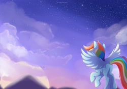 Size: 3665x2568 | Tagged: safe, artist:nnaly, imported from derpibooru, rainbow dash, pegasus, pony, cloud, facing away, female, flying, high res, mare, missing cutie mark, mountain, night, night sky, outdoors, signature, sky, solo, spread wings, stars, tail, wings