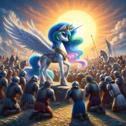 Size: 1024x1024 | Tagged: prompter needed, safe, imported from derpibooru, princess celestia, alicorn, horse, human, pony, ai content, ai generated, armor, army, blue eyes, cloud, crowd, crown, female, generator:bing image creator, generator:dall-e 3, helmet, jewelry, kneeling, mare, medieval, outdoors, peytral, praise the sun, regalia, rock, sky, spear, spread wings, sun, weapon, wings, wrong cutie mark, wrong eye color