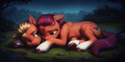 Size: 1280x640 | Tagged: safe, imported from derpibooru, sprout cloverleaf, sunny starscout, earth pony, pony, ai content, ai generated, crying, female, forest, g5, hug, love, male, mare, nature, prompter:oranzinispegasiukas, prompter:truesprout, rain, sad, sad face, shipping, straight, sunnyclover, tree, wrong eye color