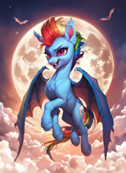 Size: 1024x1408 | Tagged: safe, imported from derpibooru, rainbow dash, bat pony, pony, ai content, ai generated, bat ponified, bat wings, fangs, female, flying, full moon, generator:pony diffusion v6 xl, generator:stable diffusion, mare, moon, night, open mouth, open smile, prompter:star-dragon, race swap, rainbowbat, slit pupils, smiling, solo, wings