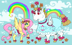 Size: 527x332 | Tagged: safe, artist:njeekyo, imported from derpibooru, bulk biceps, fluttershy, pegasus, pony, rainbow falls, blue background, clothes, dress, duo, duo male and female, female, floral head wreath, flower, flower in tail, male, mare, rainbow, simple background, stallion, standing on two hooves, tail