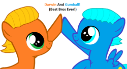 Size: 1116x610 | Tagged: safe, artist:memeartboi, imported from derpibooru, earth pony, pegasus, pony, best bros, best friends, best friends forever, bff, brofist, brothers, colt, cute, darwin watterson, duo, duo male, foal, gumball watterson, happy, high five, male, ponified, sibling, sibling bonding, sibling love, siblings, simple background, smiling, the amazing world of gumball, white background