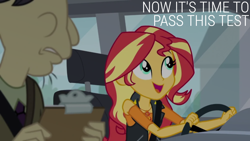 Size: 1920x1080 | Tagged: safe, edit, edited screencap, editor:quoterific, imported from derpibooru, screencap, cranky doodle donkey, sunset shimmer, driving miss shimmer, equestria girls, equestria girls series, my little pony equestria girls: choose your own ending