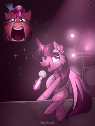 Size: 675x900 | Tagged: safe, artist:candy meow, imported from derpibooru, sunny starscout, twilight sparkle, alicorn, earth pony, pony, bereal., cheek fluff, concert, crying, drum kit, drums, duo, ear fluff, female, g5, hoof on chest, light, looking sideways, magic, mare, meme, microphone, musical instrument, open mouth, open smile, partially open wings, picture-in-picture, ponified, ponified meme, singing, sitting, smiling, sparkles, spotlight, stage, sunny and her heroine, tears of joy, telekinesis, wings
